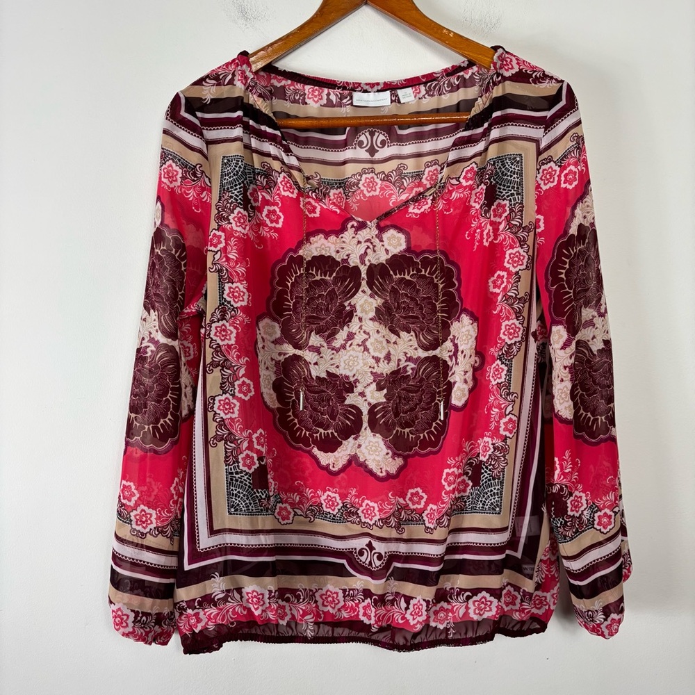 New York & Co Blouse Womens XL Long Sleeve Bright Colorful Mixed Pattern Gold